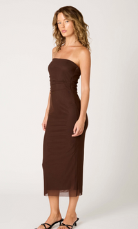 Rowa Strapless Mesh Midi Dress in Brown or Cheetah by NIA