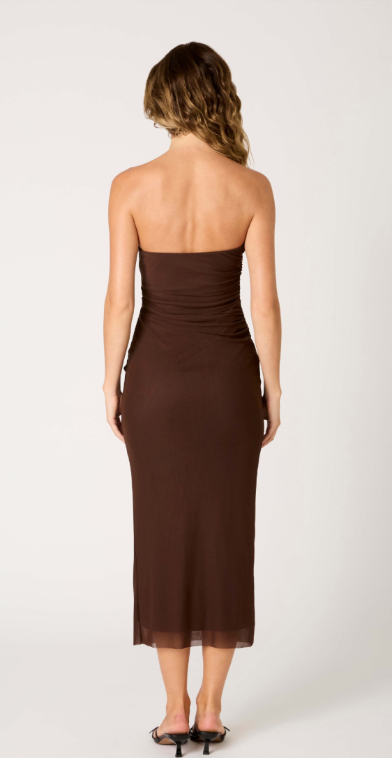 Rowa Strapless Mesh Midi Dress in Brown or Cheetah by NIA