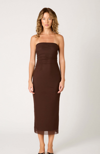 Rowa Strapless Mesh Midi Dress in Brown or Cheetah by NIA