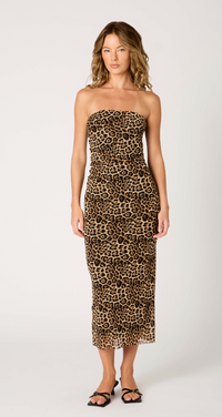 Rowa Strapless Mesh Midi Dress in Brown or Cheetah by NIA