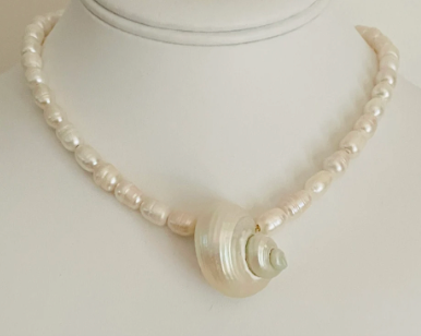 Freshwater pearl with conch shell necklace by Charzie Jewelry