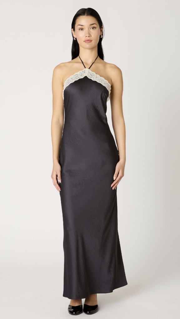 Black Satin Lace Halter Maxi Dress by NIA