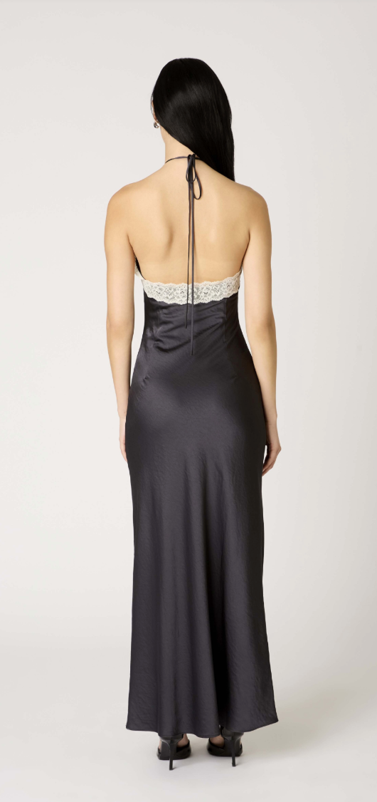 Black Satin Lace Halter Maxi Dress by NIA