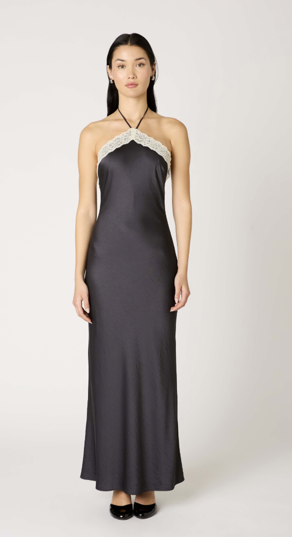 Black Satin Lace Halter Maxi Dress by NIA