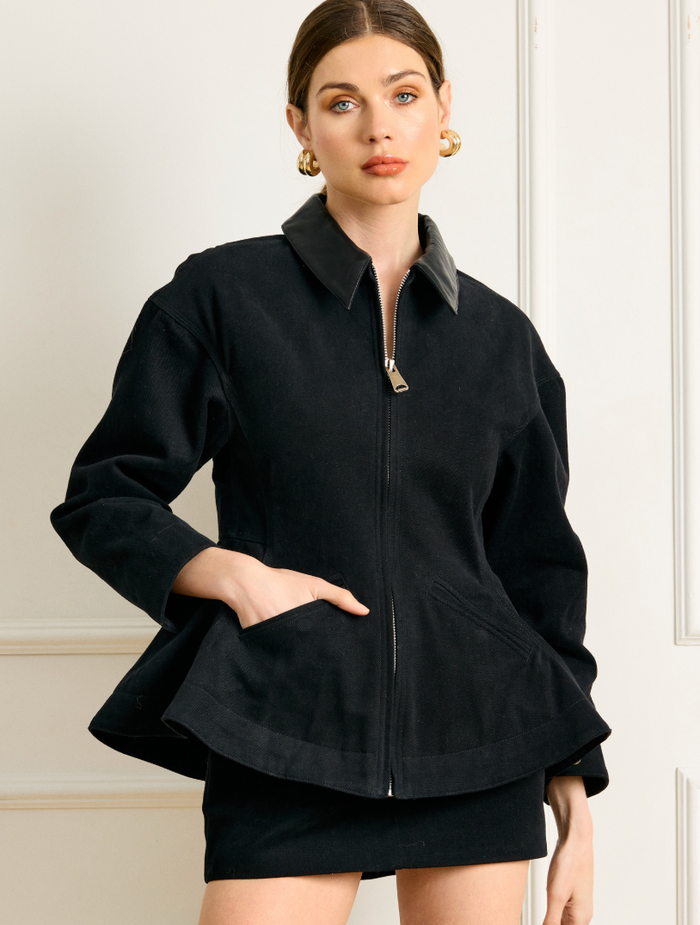 Black Denim Peplum Jacket by Line and Dot