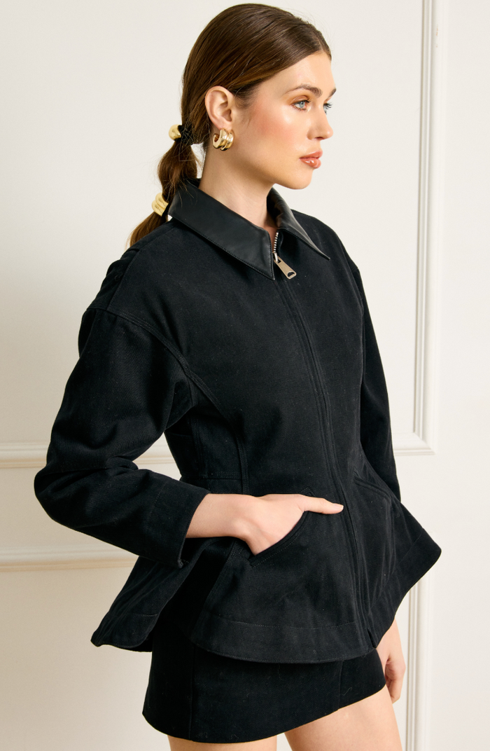 Black Denim Peplum Jacket by Line and Dot