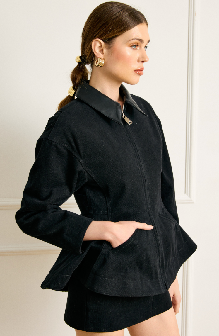 Black Denim Peplum Jacket by Line and Dot
