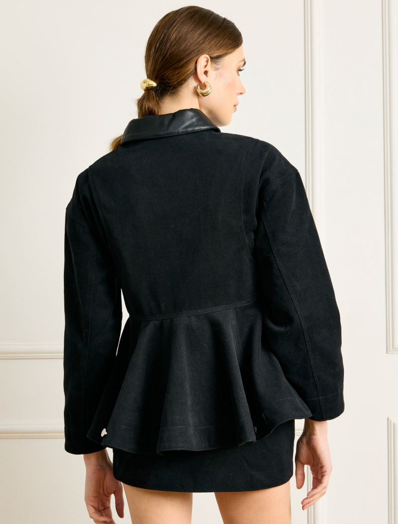 Black Denim Peplum Jacket by Line and Dot