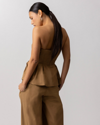 Brown Strapless Peplum Top by Line and Dot