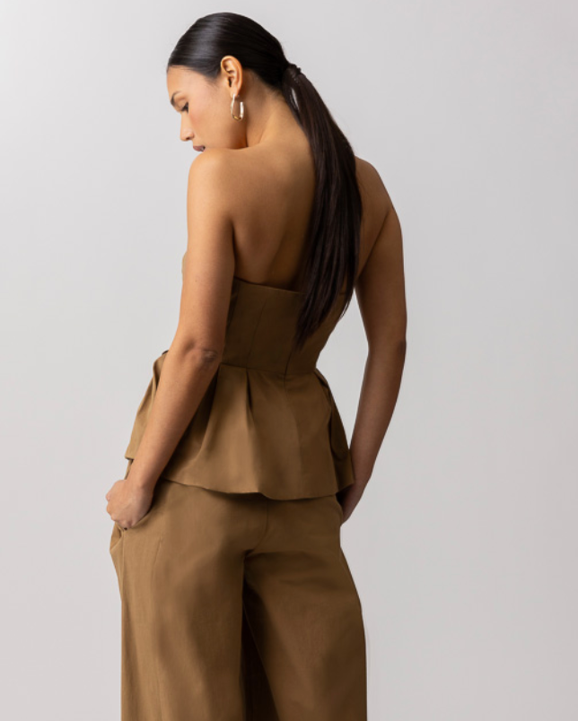 Brown Strapless Peplum Top by Line and Dot