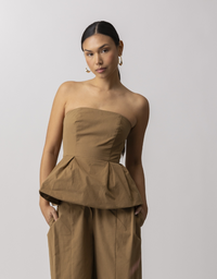 Brown Strapless Peplum Top by Line and Dot