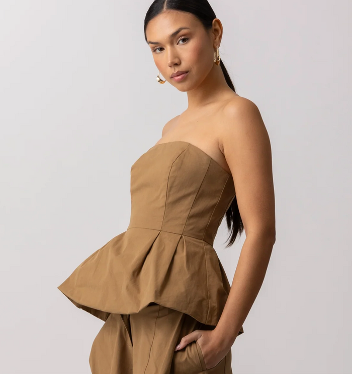 Brown Strapless Peplum Top by Line and Dot
