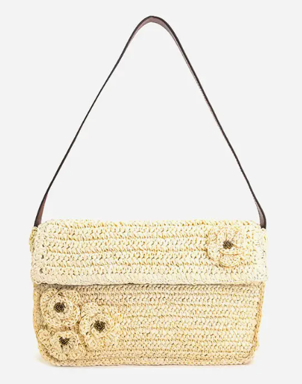 Flower Embellished Raffia Shoulder Bag