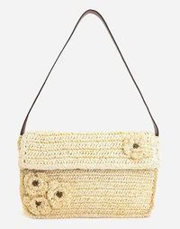 Flower Embellished Raffia Shoulder Bag