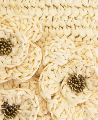 Flower Embellished Raffia Shoulder Bag
