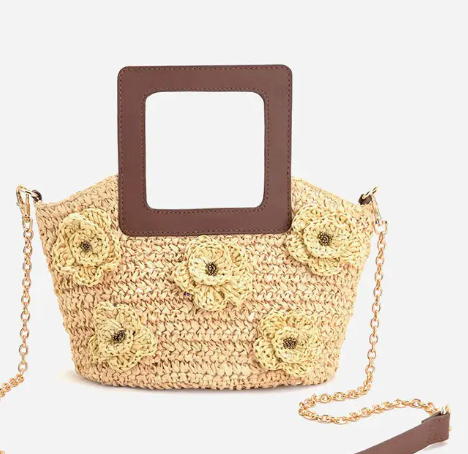 Flower Embellished Raffia Top Handle Bag or Crossbody Bag