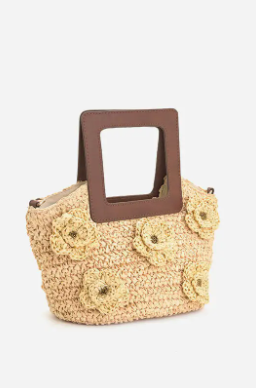 Flower Embellished Raffia Top Handle Bag or Crossbody Bag