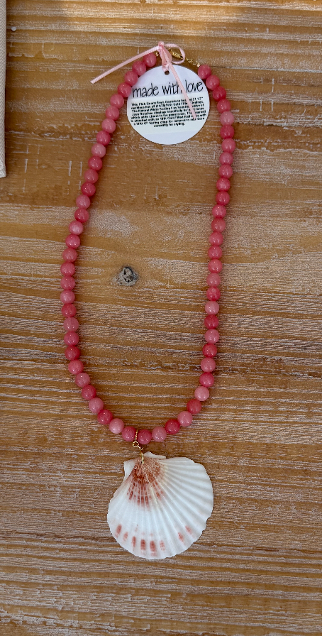 Pink quartz Necklace with Shell Pendant by Kimberly Aman