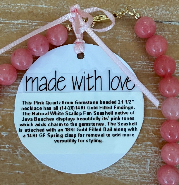 Pink quartz Necklace with Shell Pendant by Kimberly Aman