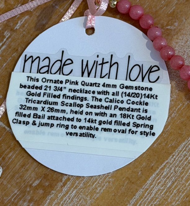 Pink Quartz Necklace with small shell pendant by Kimberly Aman