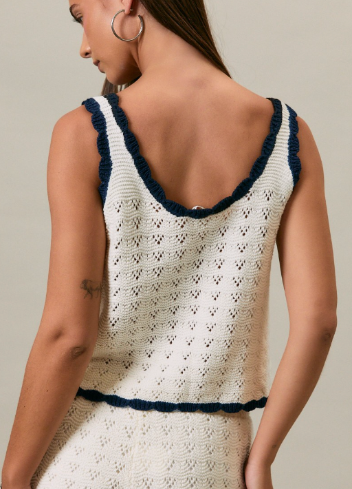 Navy and Cream Crochet Knit Top