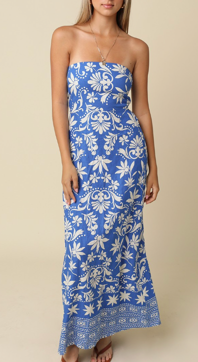 Blue and White Strapless Maxi Dress