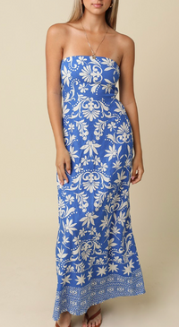 Blue and White Strapless Maxi Dress
