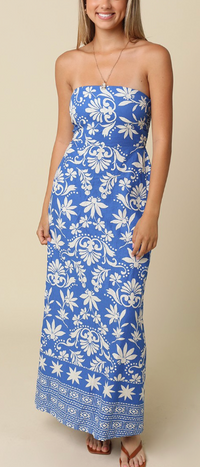 Blue and White Strapless Maxi Dress