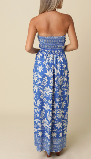 Blue and White Strapless Maxi Dress