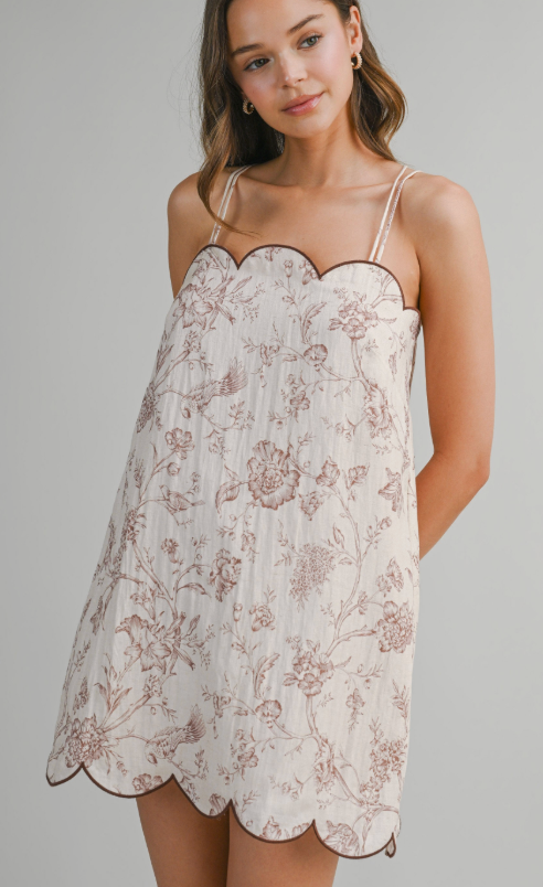 Floral Scalloped Hem Brown Mini Dress