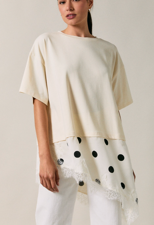 Polka Dot Asymmetrical Satin Lace Top