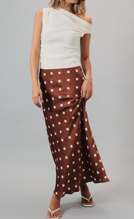 Brown Polka Dot Satin Maxi Skirt