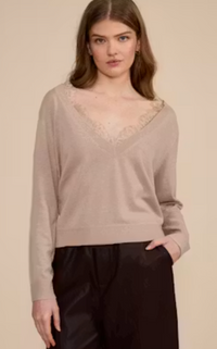 Beige Lace Trim Sweater Top by Lucy Paris