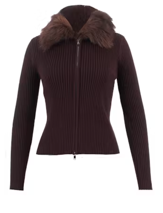 Brown Faux Fur Collar Sweater Top by Lucy Paris