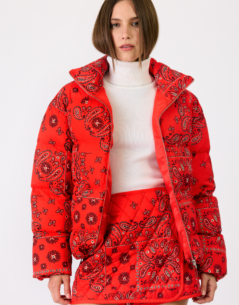 Mae Patterned Red Puffer Jacket by Line and Dot