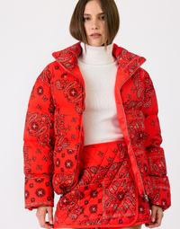 Mae Patterned Red Puffer Jacket by Line and Dot