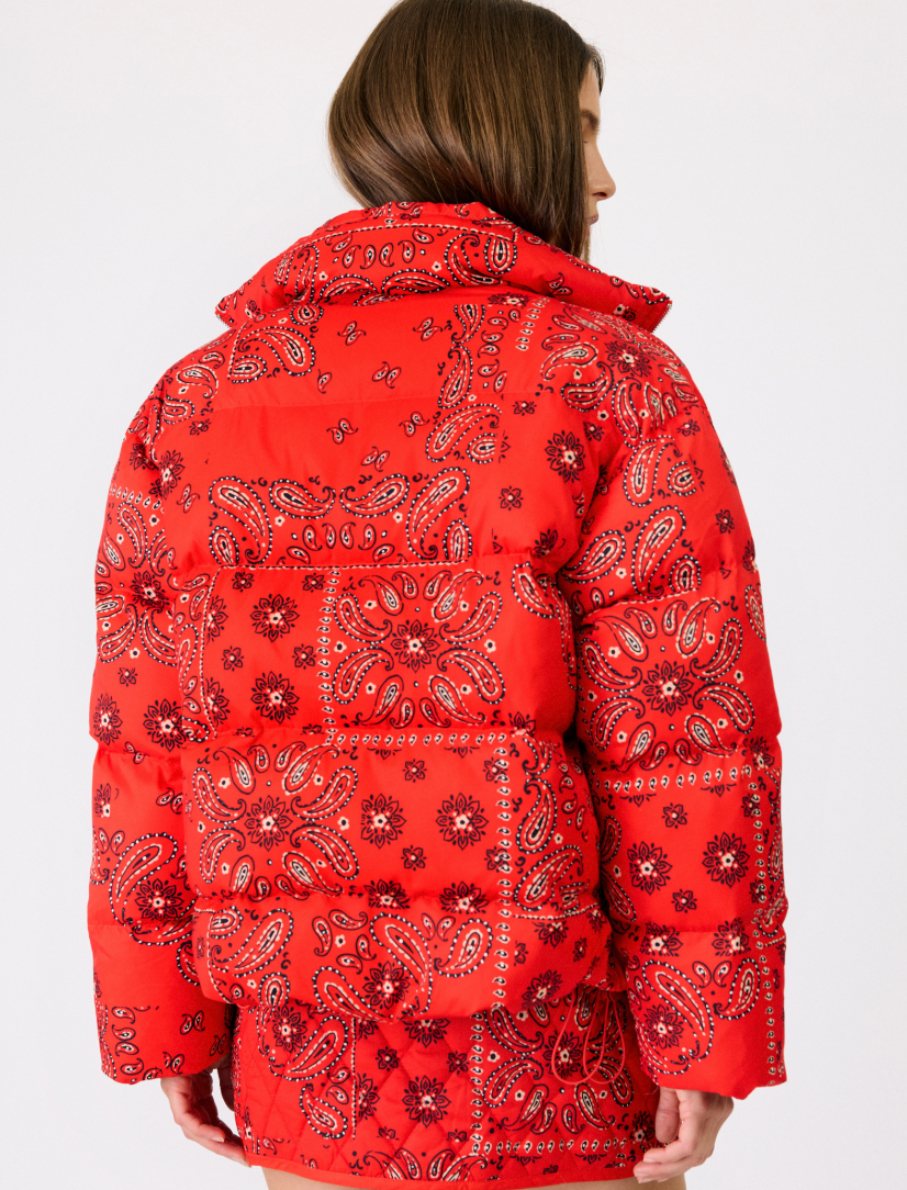 Mae Patterned Red Puffer Jacket by Line and Dot