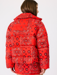 Mae Patterned Red Puffer Jacket by Line and Dot