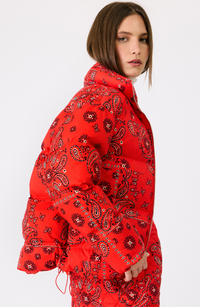 Mae Patterned Red Puffer Jacket by Line and Dot