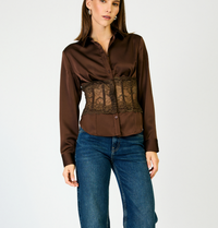 Rena Brown Satin Lace Long Sleeve Blouse by Line and Dot