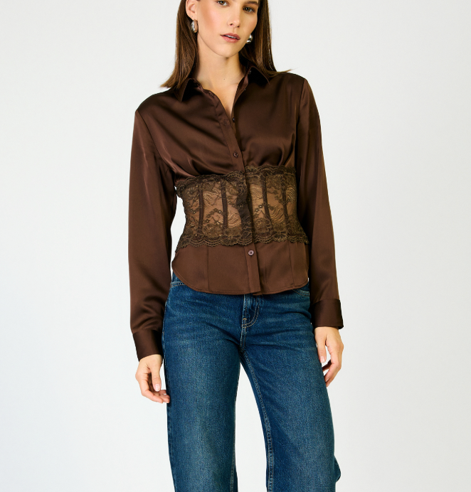 Rena Brown Satin Lace Long Sleeve Blouse by Line and Dot