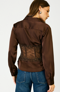 Rena Brown Satin Lace Long Sleeve Blouse by Line and Dot