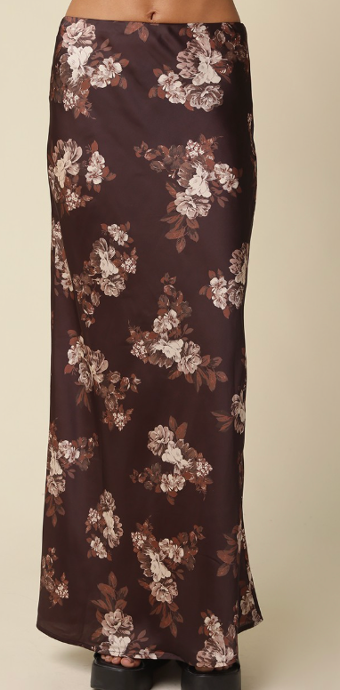 Brown Floral Satin Skirt