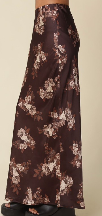 Brown Floral Satin Skirt