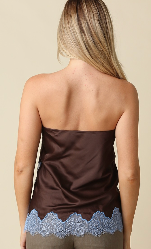 Brown Strapless Satin Top with Lace