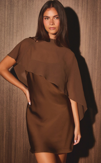 Brown Satin Mini Dress with Sheer Shawl