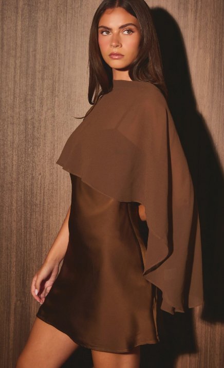 Brown Satin Mini Dress with Sheer Shawl