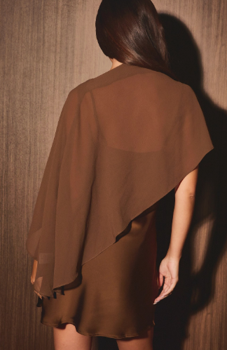 Brown Satin Mini Dress with Sheer Shawl