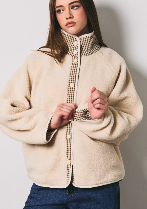 Button Down Gingham Reversible Fleece Sweater