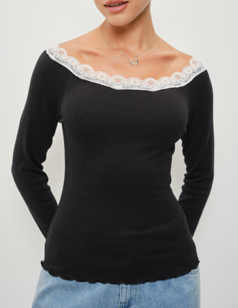 Lace Detail Long Sleeve Top (available in Grey or Black)